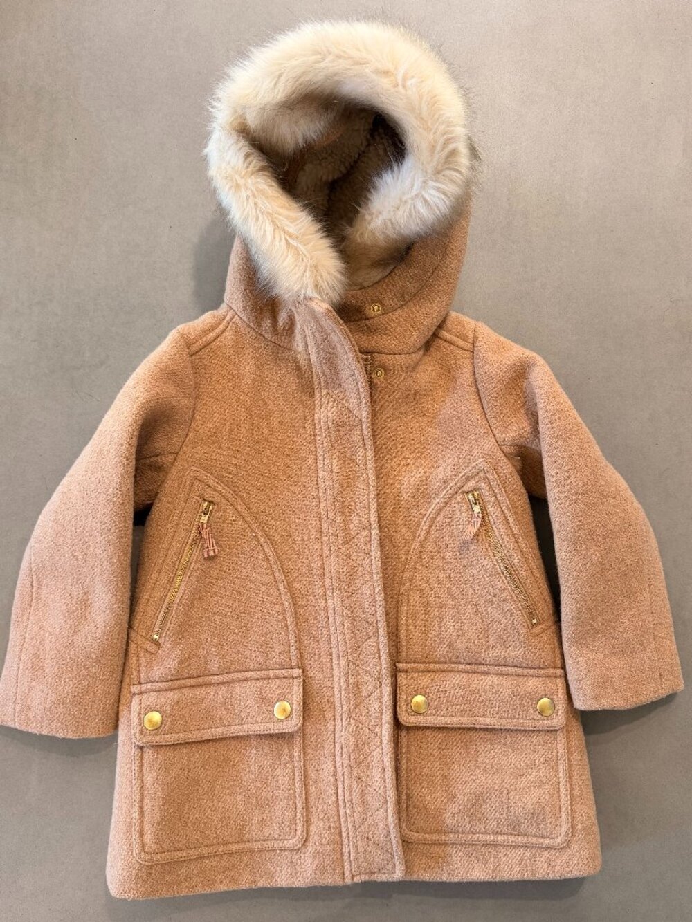 Crewcuts Girls Camel Wool Blend Faux Fur Hooded Coat Size 4-5